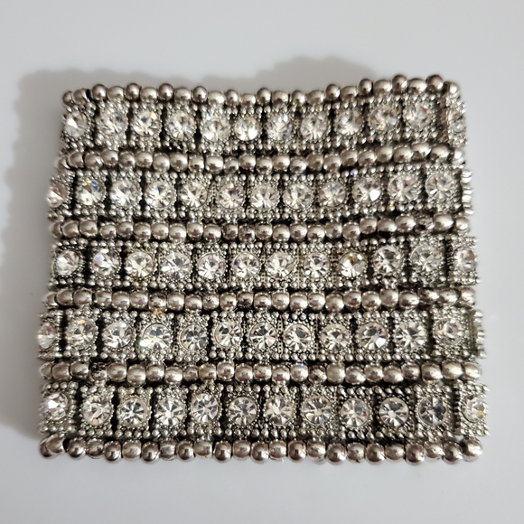 RHINESTONES cuff Bracelet stretch HUGE 5 rows silver beads heavy statement - Picture 6 of 10